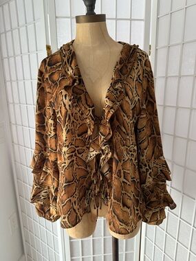 Zara Animal Print Ruffle Blouse Lace Up Front Long Sleeve Size L NWT